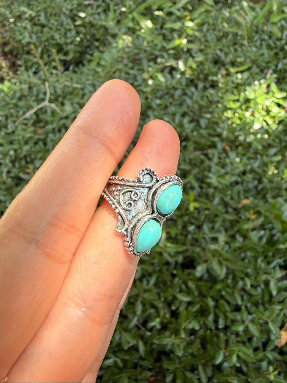 Turquoise Double-Stone Silver Statement Ring SIZE: 6 - Picture 4 of 8